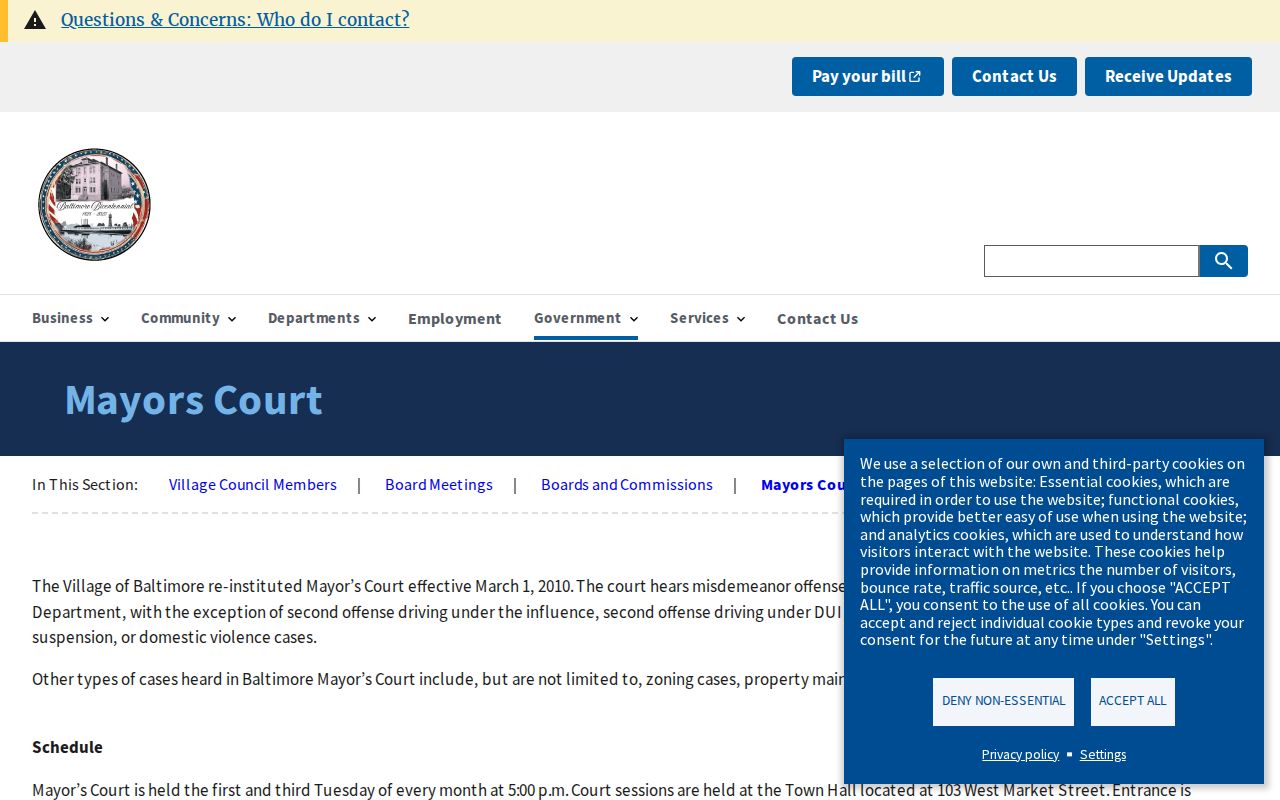 Baltimore Mayor's Court official page with Town Hall court schedule and clerk contacts