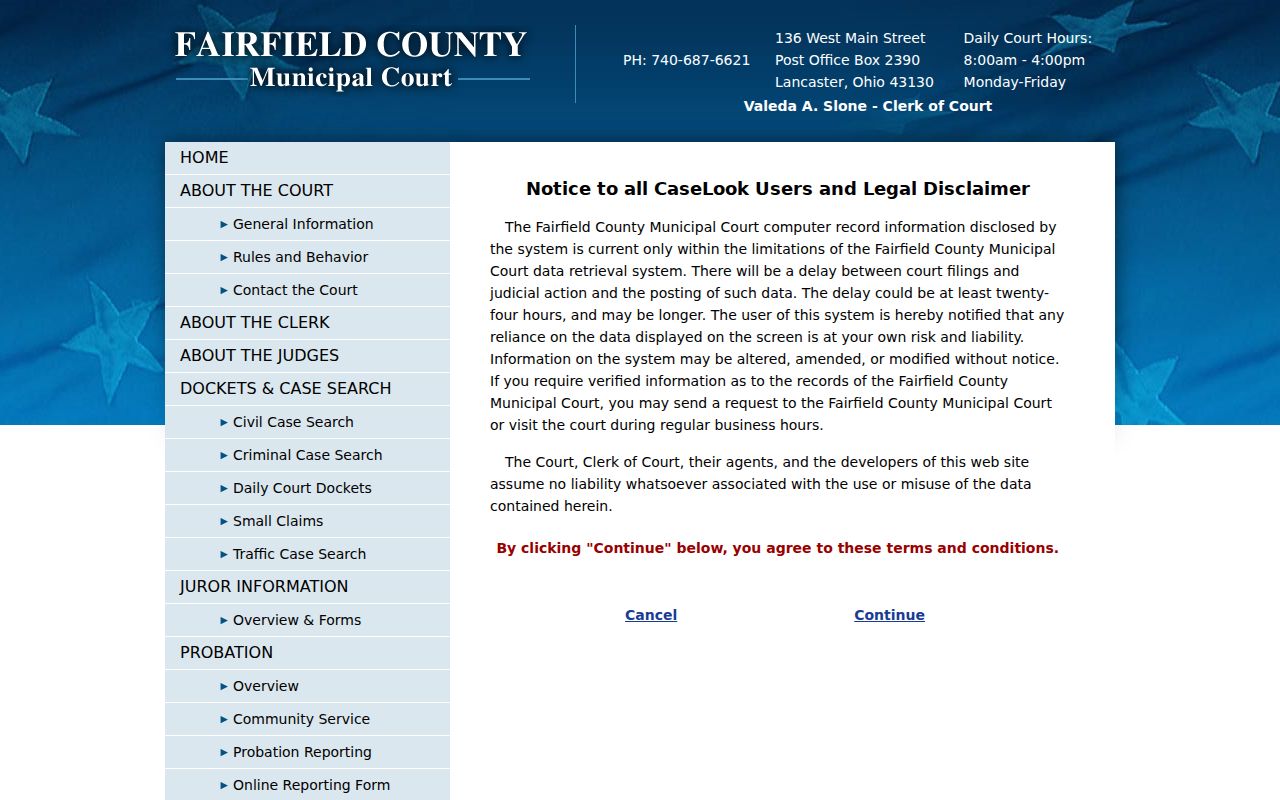 Fairfield County case search Municipal CaseLook public notice and posting-delay information