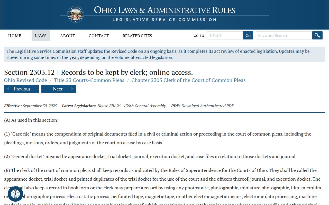 Fairfield County case search Ohio Common Pleas online docket access law