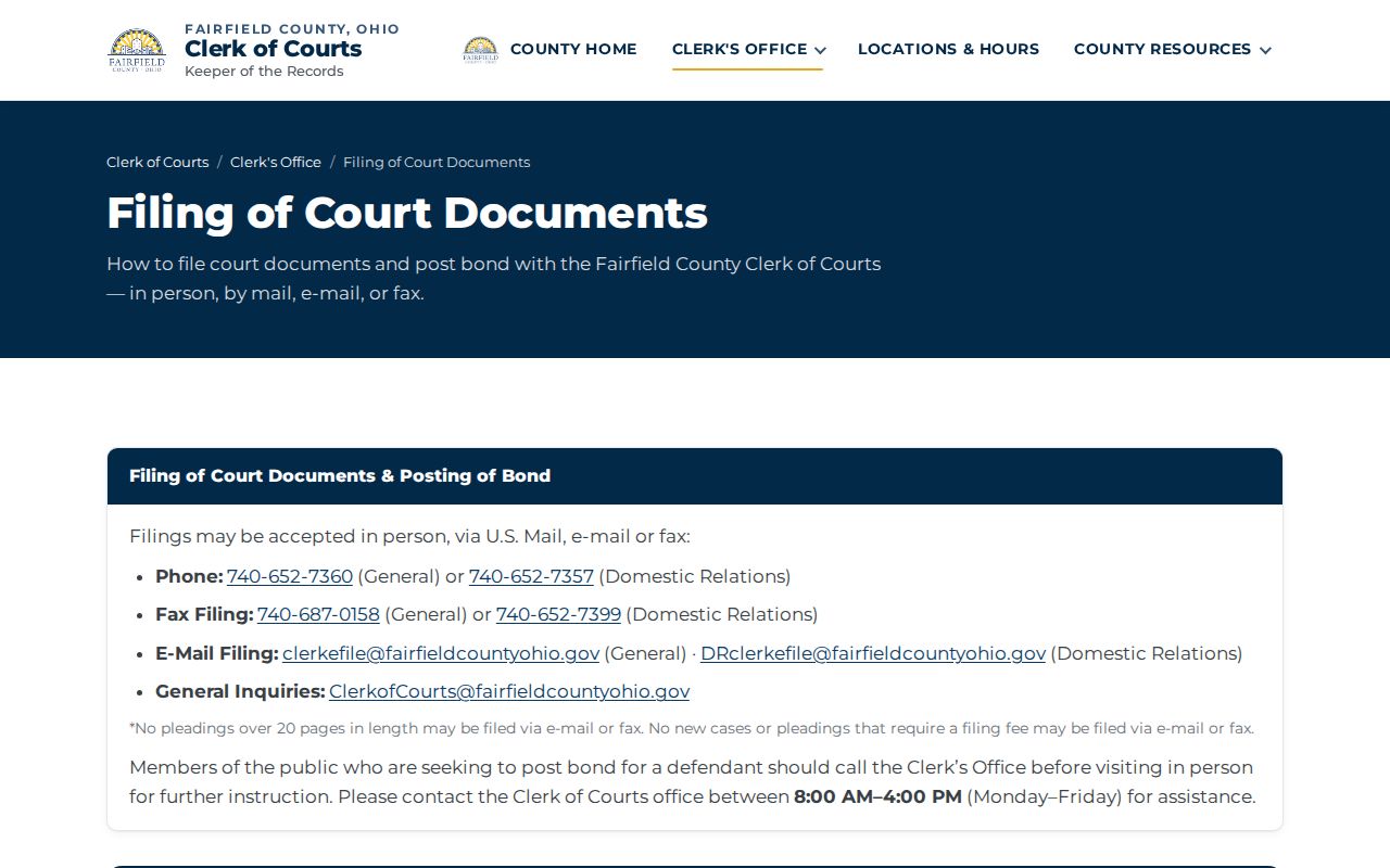 Fairfield County civil docket Clerk filing and records channel information