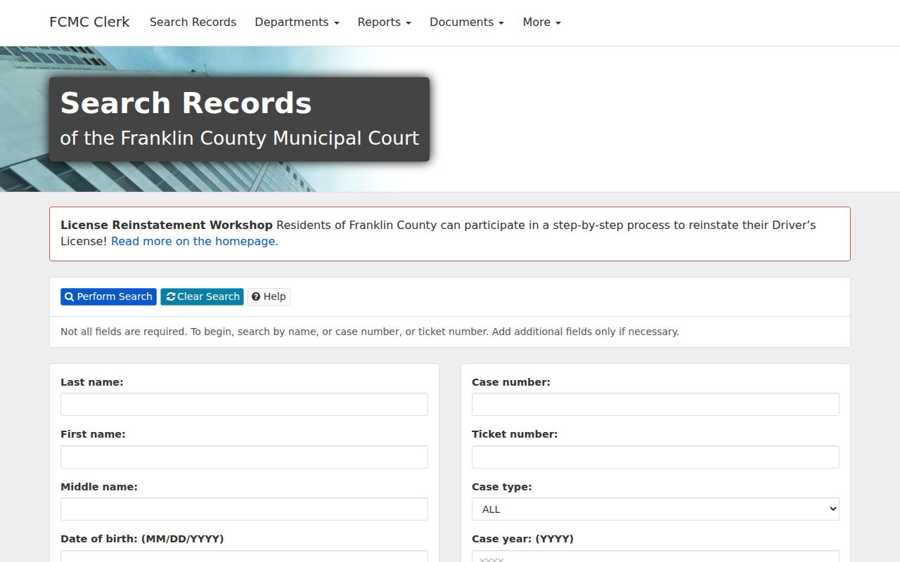 Franklin County Municipal Court Clerk case search for Columbus routing