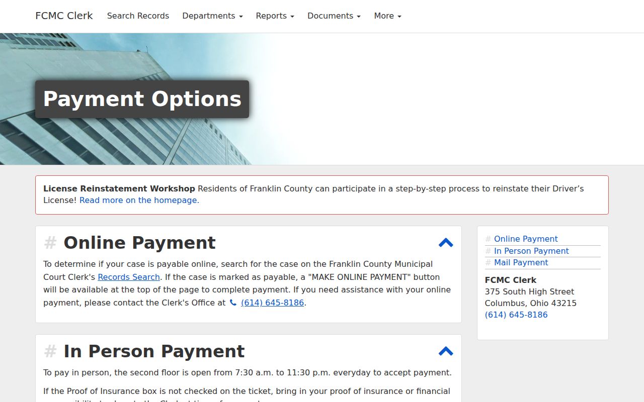 Franklin County Municipal Court payment options page for eligible Columbus-related cases
