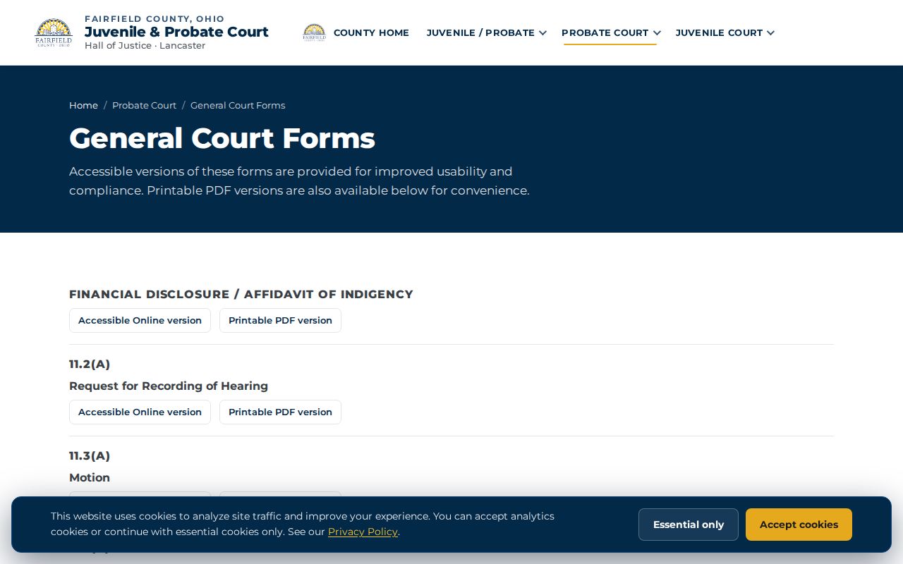 Fairfield County court calendar Probate and Juvenile continuance forms