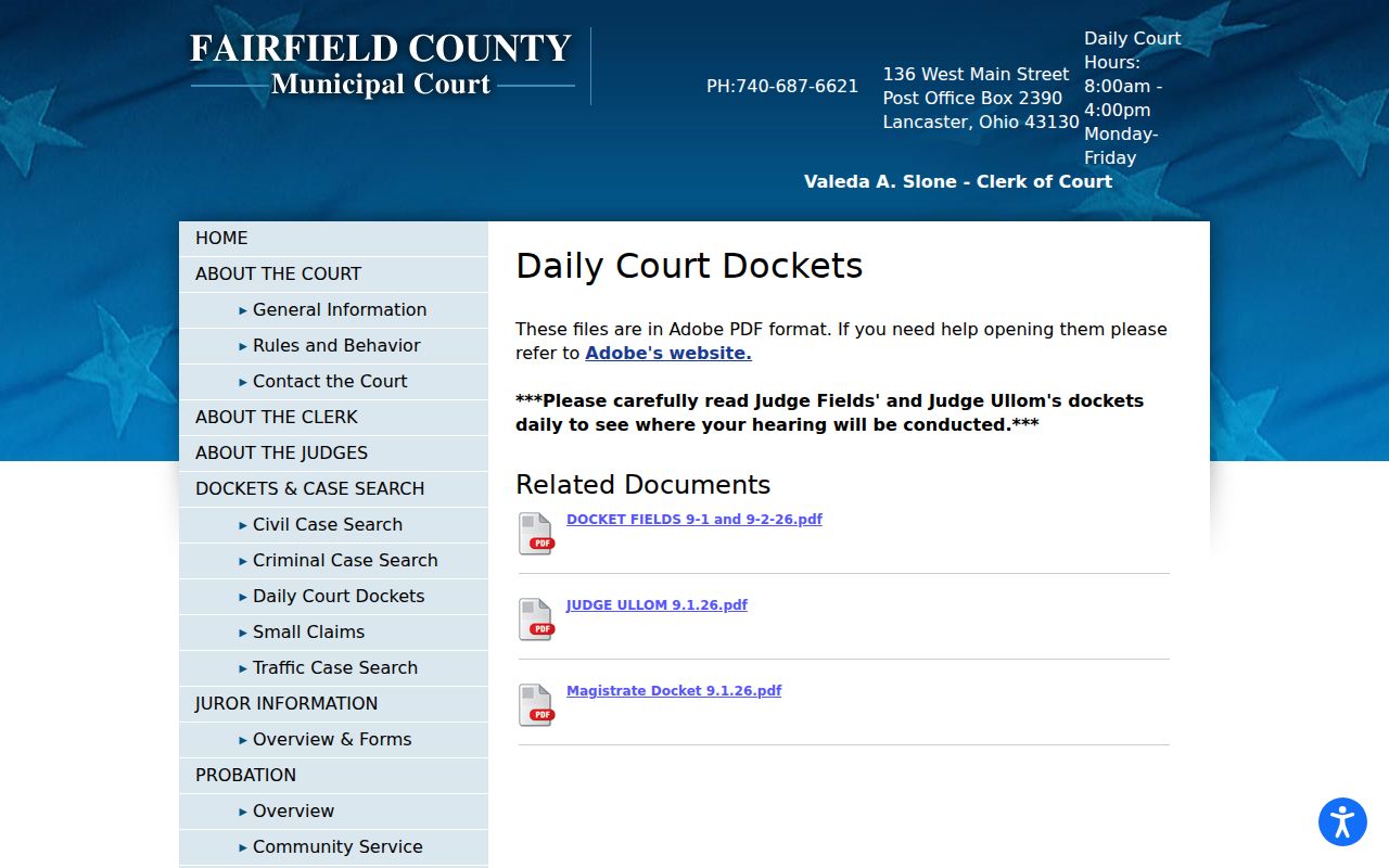 Fairfield County court calendar Municipal daily docket index