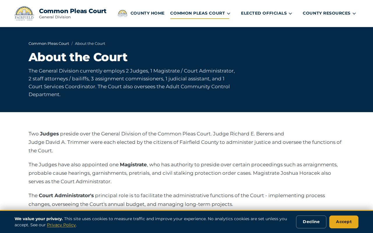 Fairfield County court calendar General Division administration information