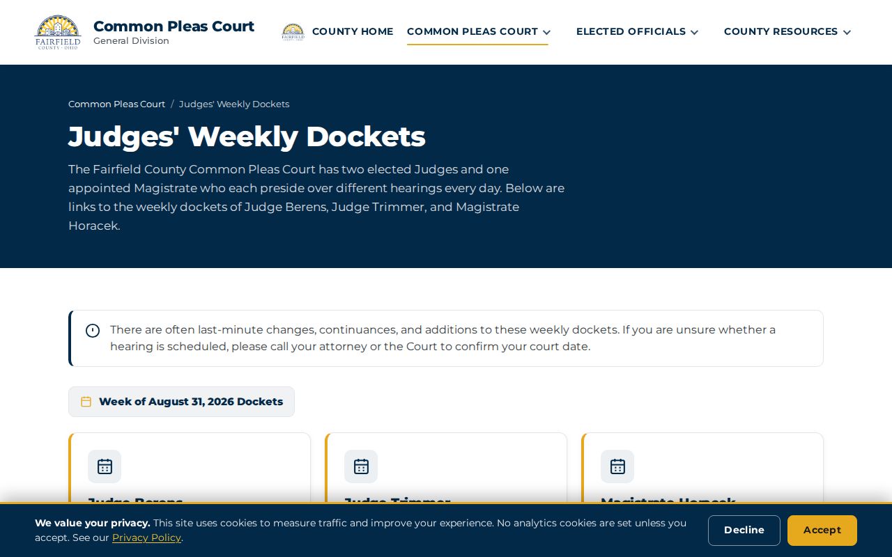 Fairfield County court calendar Common Pleas weekly judge docket