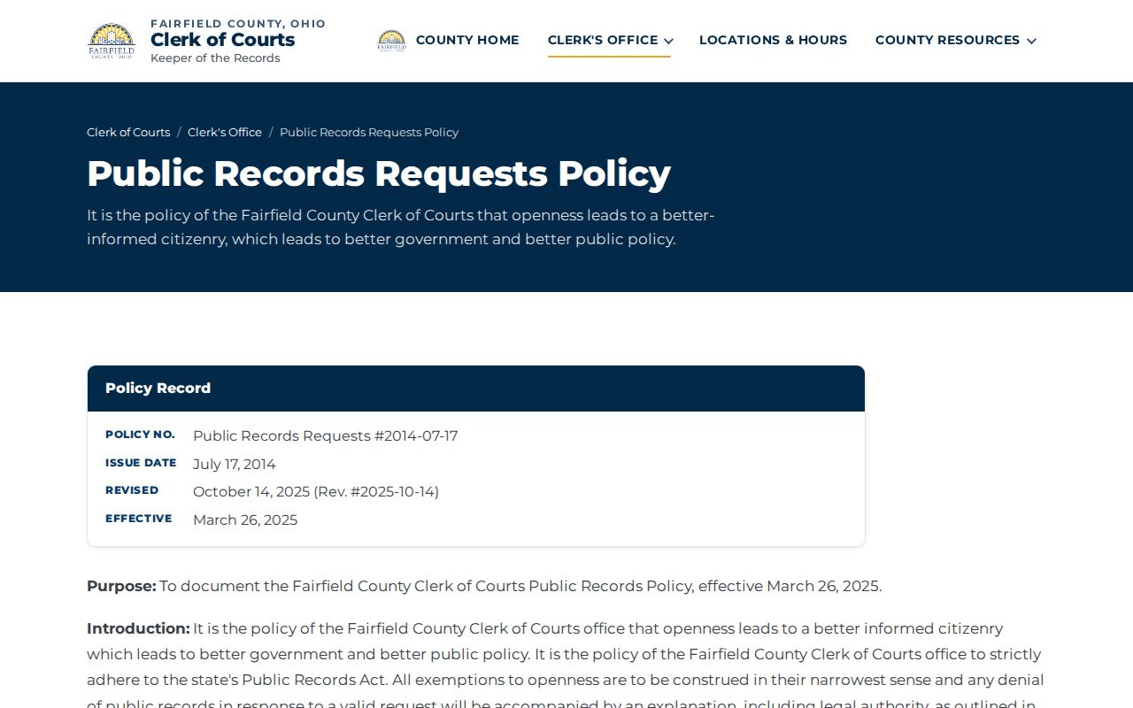 Fairfield County court records Clerk public-record policy