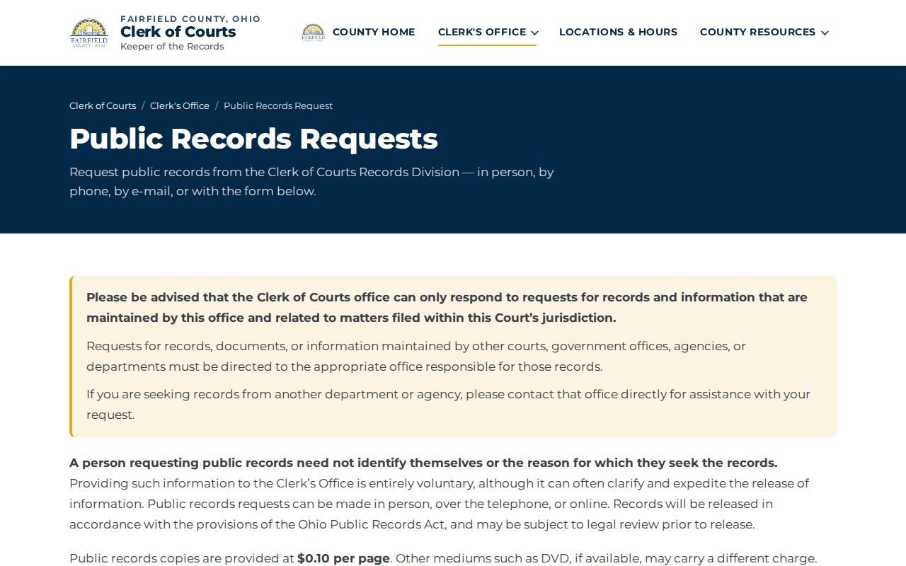 Fairfield County court records online Clerk request form