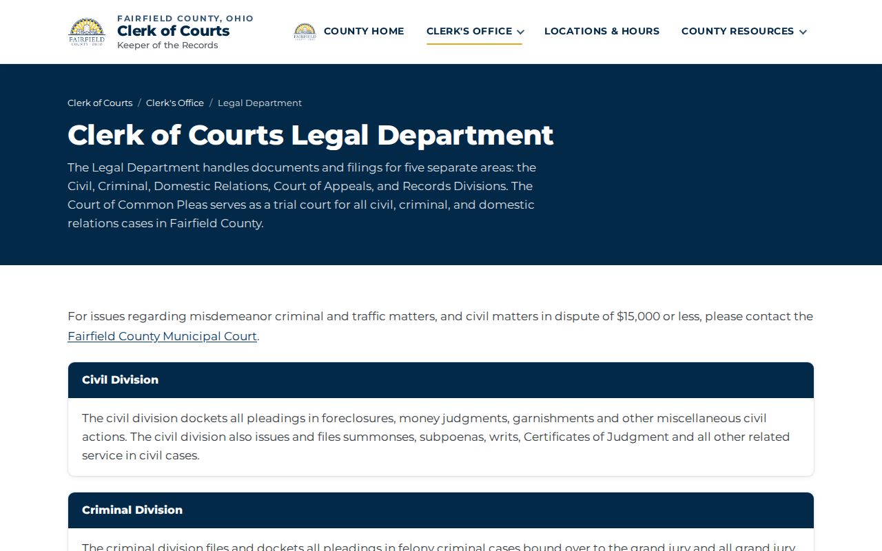 Fairfield County criminal docket Clerk Legal Department felony records information