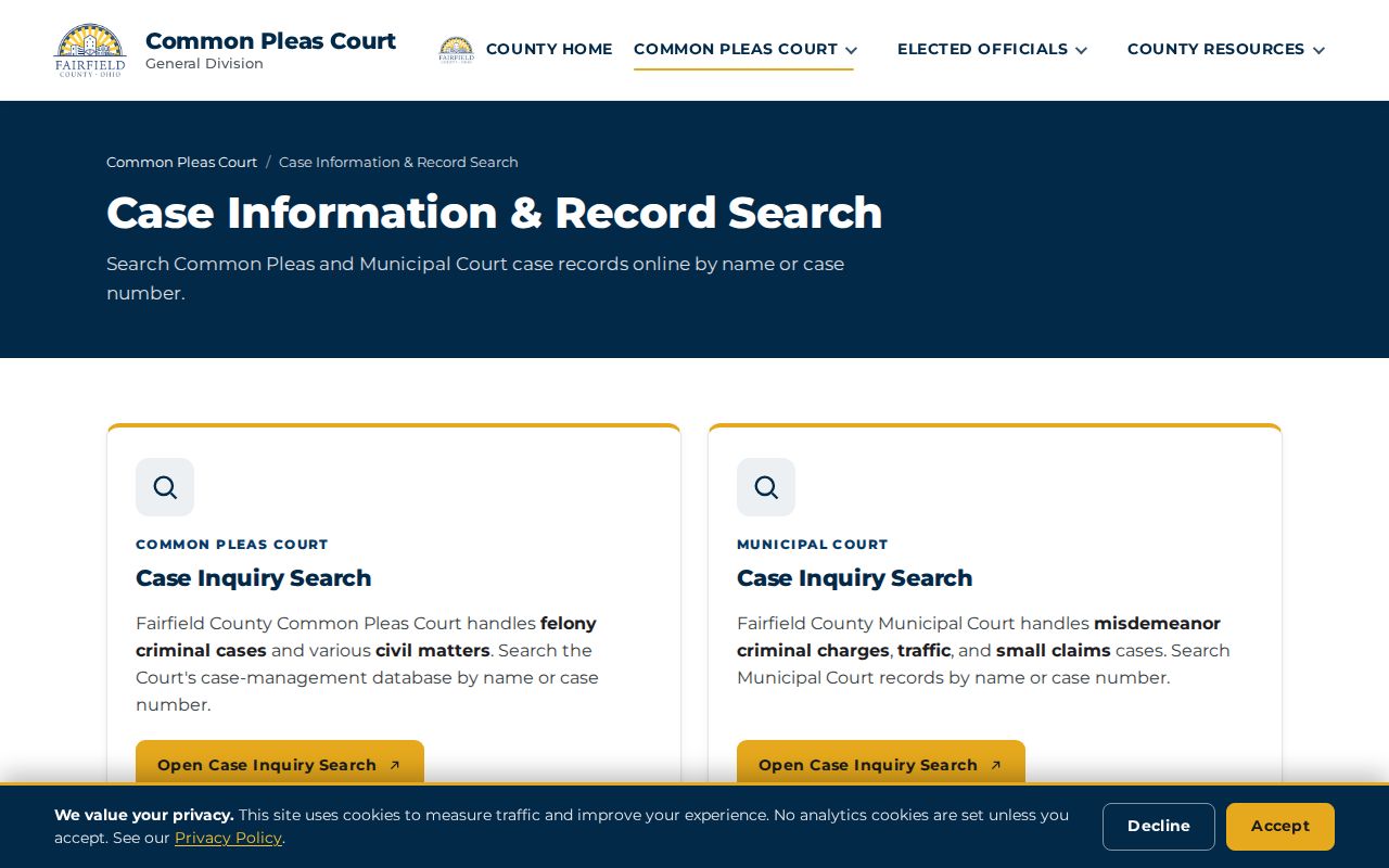 Fairfield County criminal docket Common Pleas and Municipal case search information