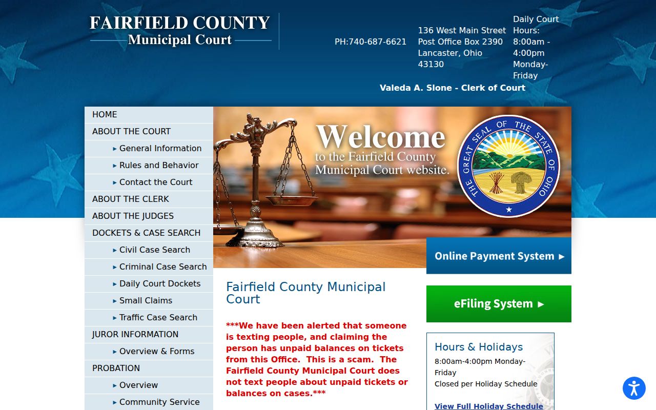 Fairfield County Municipal Court official home page serving Lancaster court docket users