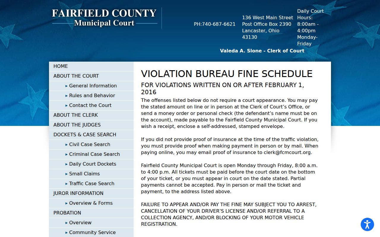 Fairfield County traffic court records Traffic Violation Bureau page